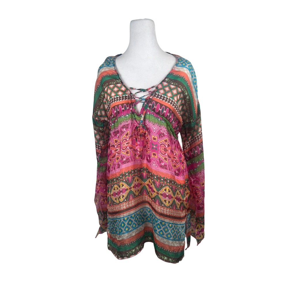 Motivi Womens Silk Tunic Top Multi Color Geometric Lace Up Bell Sleeve Italy 4